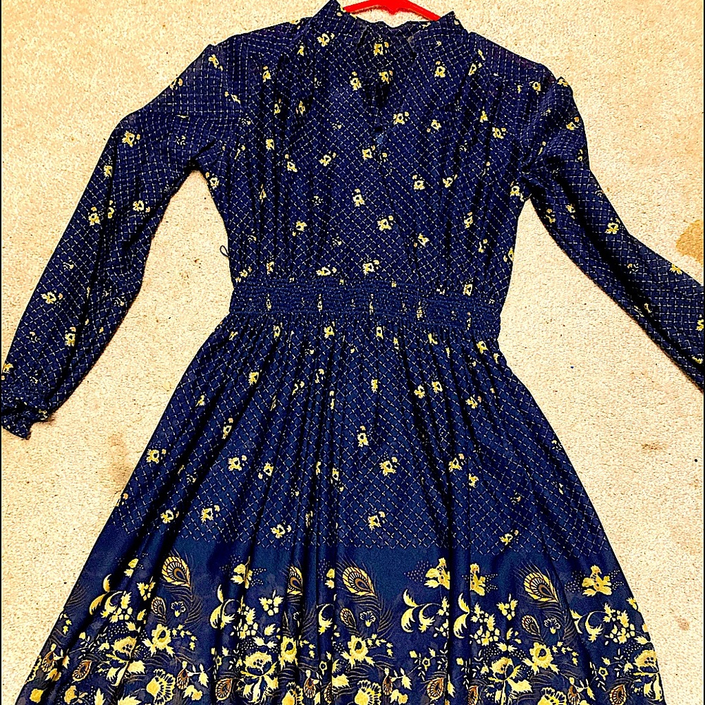 Vintage sheer dark blue dress with golden leafs and flowers . Really cute!!